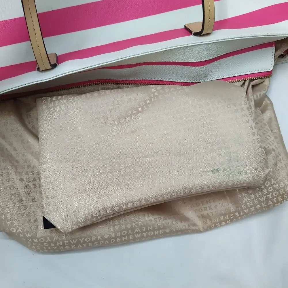 Kate Spade Pink Stripe Leather Trim Bow Double Handles Zipper Tote Shoulder Bag